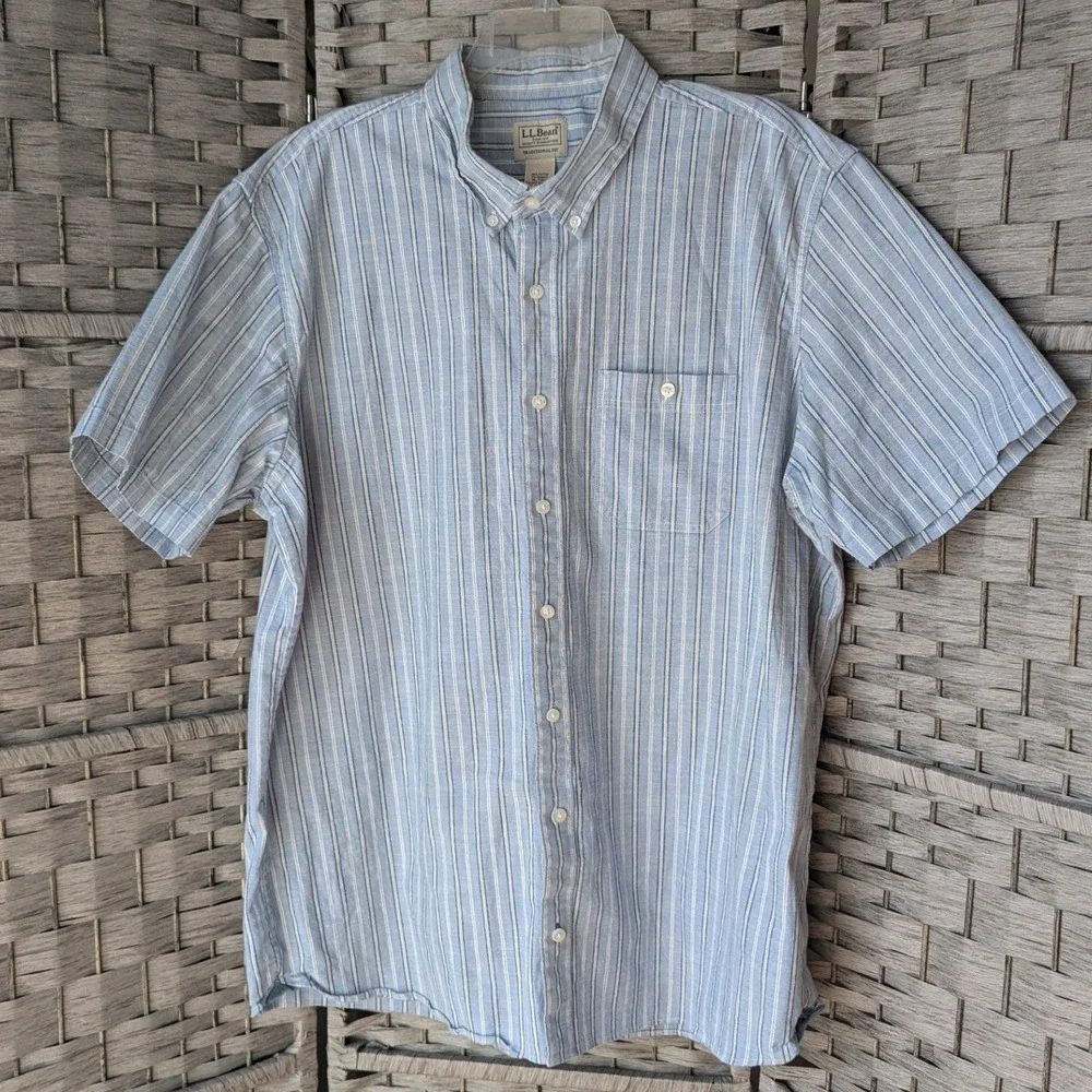 LL Bean Mens XL Tall Blue White Striped Short Sleeve Button Down Shirt - Picture 2 of 9